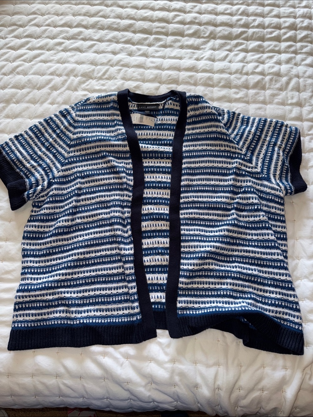 Lane Bryant Navy & White Striped Open-Front Short Sleeve Cardigan